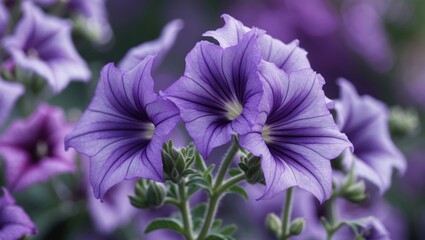 Aufkleber - Purple petunia flowers in bloom with delicate petals and green foliage captured in soft light Copy Space