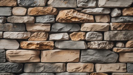 Poster - Textured wall made of various natural stones in neutral tones suitable for background use with Copy Space available for text placement