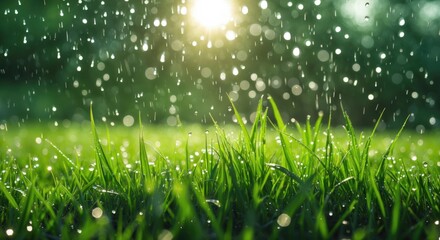 Poster - Rain falling on lush green grass with sunlight filtering through, creating a fresh and vibrant natural scene, Copy Space
