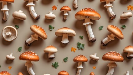 Poster - Collection of assorted mushrooms with leaves on a neutral background Copy Space