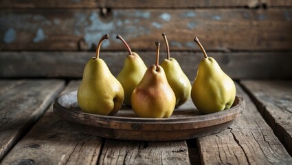 Aufkleber - Group of ripe green pears arranged on a rustic wooden plate with textured background and natural lighting Copy Space