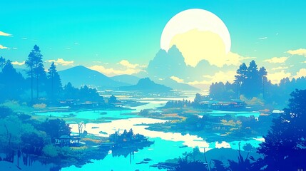 Wall Mural - City Pop Dreams, an enchanting autumn night in a vibrant anime world, bold black outlines, solid colors, geometric design, cool neon palette, foggy river under a full moon.