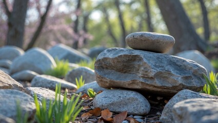 Poster - Stacked stones in a serene garden setting with fresh green grass and blurred trees in the background Copy Space