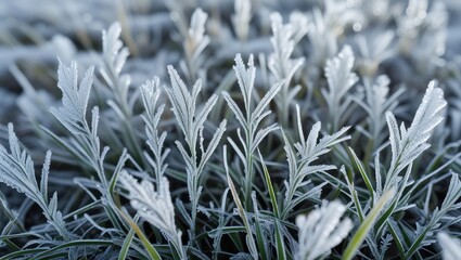 Aufkleber - Frost covered grass with fine ice crystals in early morning light nature background with natural textures and detail