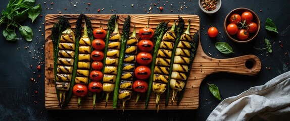 Poster - Grilled vegetables including asparagus, cherry tomatoes, and zucchini arranged on a wooden cutting board with herbs and spices on a dark background. Copy Space