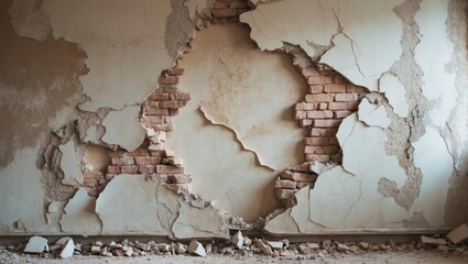 Poster - Damaged interior wall with exposed brick and peeling plaster in abandoned room with fallen debris and rough texture Copy Space