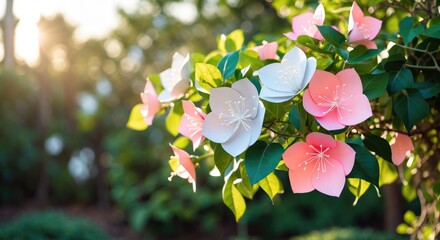 Aufkleber - Colorful paper flowers on a branch surrounded by greenery with sunlight in the background and ample copy space for text