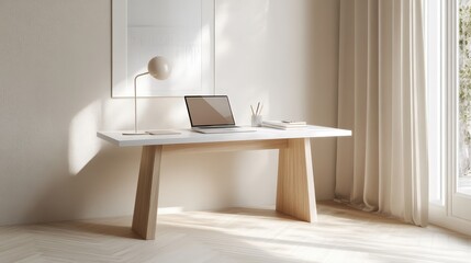 Poster - A minimalist study table in a light-filled room, with a white surface and clean lines.