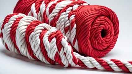 Fototapete - Red and white twisted cotton rope coils on a smooth surface with soft lighting and ample copy space