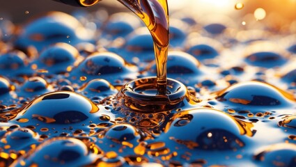 Poster - Close-up of golden liquid pouring over blue water droplets with highlighted reflections and bubbles, abstract fluid background with Copy Space