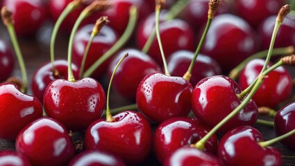 Poster - Fresh ripe cherries with stems on rustic wooden surface wet with water droplets Copy Space