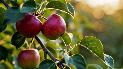 Poster - Golden hour sunlight illuminates ripe red apples hanging on a branch in a serene orchard, creating a picturesque autumn scene in slow motion