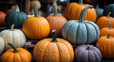 Poster - Colorful assortment of pumpkins in various shapes and sizes arranged on display with wooden crates background and natural lighting