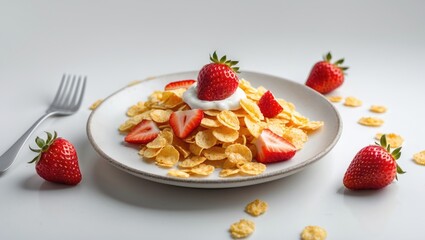 Aufkleber - Breakfast plate with cornflakes topped with sliced strawberries and whipped cream on a white background with fresh strawberries scattered around.