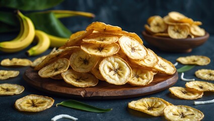 Poster - Dried banana chips piled on a wooden plate with fresh bananas and coconut flakes on a dark background Copy Space