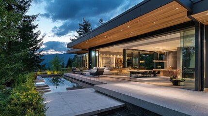 Poster - A minimalistic modern home with open-concept design, featuring a large central living space with unobstructed views of the surrounding landscape