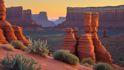 Aufkleber - Sunset over unique rock formations in desert landscape with cacti in foreground and distant mountains under clear sky Copy Space