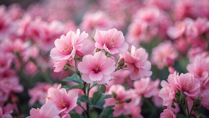 Poster - Pink flowering plants in a lush garden setting with soft-focus background and vibrant blooms suitable for nature-themed designs Copy Space