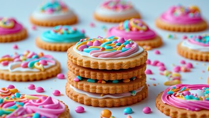 Aufkleber - Colorful decorated cookies with icing and sprinkles arranged on a white background, featuring a stack in the foreground with copy space.
