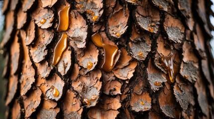 Poster - Close-up of pine tree bark with resin droplets, showcasing textures and patterns of brown and gray scales on the trunk, Copy Space