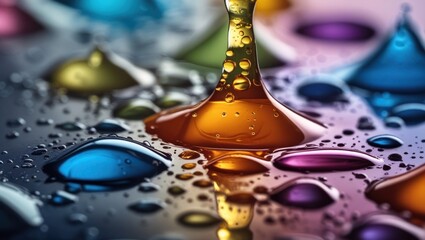 Poster - Colorful water droplets on a reflective surface with blurred multicolored background and vibrant liquid forms Copy Space