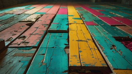 Poster - Colorful weathered wooden floorboards with peeling paint in shades of turquoise, yellow, and pink, showing texture and aging details. Copy Space