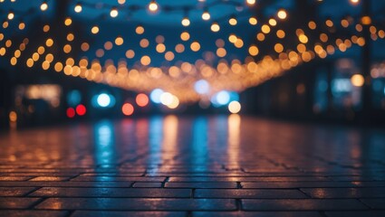 Poster - Nighttime urban scene with illuminated string lights creating a bokeh effect over wet cobblestone pavement with reflections and copy space.