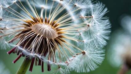 Poster - Close-up of dandelion seed head with white fluffy seeds and blurred green background detailed macro shot Copy Space