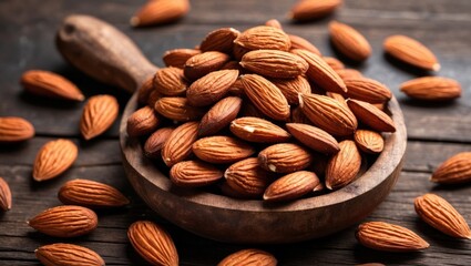Poster - Raw almonds in a wooden bowl with scattered almonds on a rustic wooden surface Copy Space