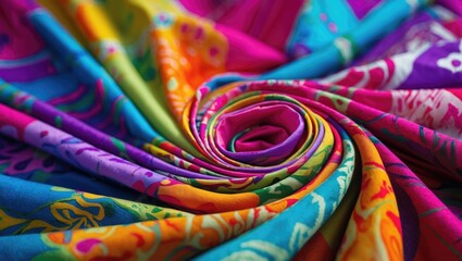 Poster - Colorful vibrant fabric swirling in circular pattern showcasing intricate designs and textures suitable for textile presentations and design projects.
