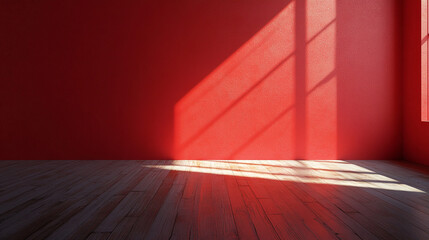 Wall Mural - A minimalist room bathed in sunlight features a vibrant red wall contrasted by the warm tones of a hardwood floor. A serene indoor scene.