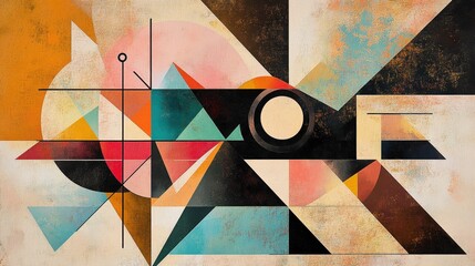 Poster - a modern, angular composition featuring intersecting lines and shapes such as triangles and squares,