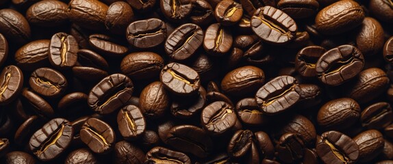 Poster - Close-up of roasted coffee beans on dark background with detailed texture and grain Copy Space