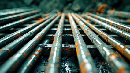 Poster - Rusty metal beams on construction site with orange paint splatters and construction debris, low angle perspective, industrial background. Copy Space
