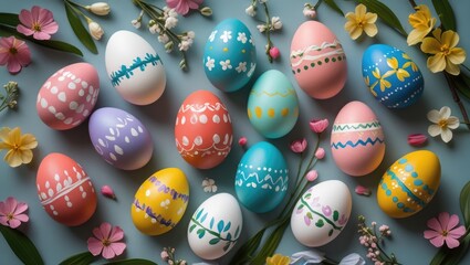 Aufkleber - Colorful decorated Easter eggs arranged with flowers and leaves on a blue background Copy Space