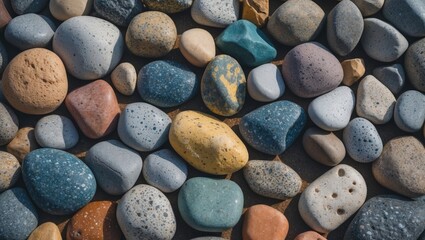 Aufkleber - Colorful assortment of smooth pebbles and stones on sandy surface with various textures and shades Copy Space