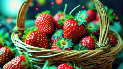 Aufkleber - Freshly harvested ripe strawberries in a woven basket with some unripe berries surrounded by a colorful blurred background. Copy Space