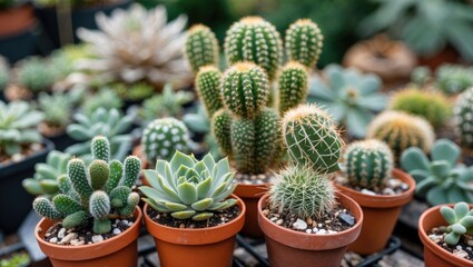Aufkleber - Assorted cacti and succulents in terracotta pots arranged on a display table in a greenhouse environment Copy Space