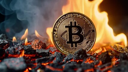 Poster - Bitcoin symbol among flames and smoke representing cryptocurrency volatility and the digital asset landscape