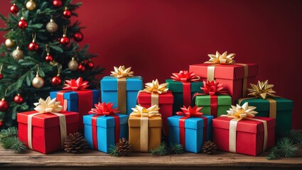 Poster - Colorful Christmas presents with ribbons and bows arranged near a decorated Christmas tree on a wooden table with copy space.