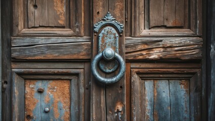 Poster - Weathered wooden door with rusty metal knocker and peeling paint, detailed texture and worn appearance, Copy Space