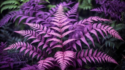 Poster - Vibrant purple fern leaves in a lush green background with detailed texture and patterns Copy Space