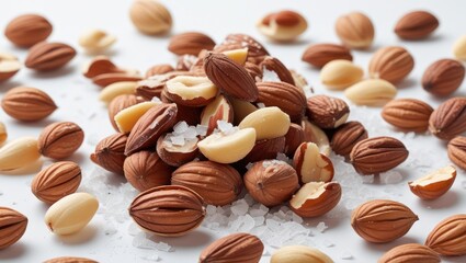 Aufkleber - Assorted nuts with shells including salted kernels on a white surface Copy Space