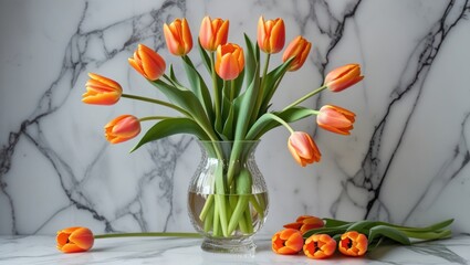 Aufkleber - Orange tulips in a clear vase on a marble background with additional tulip stems and flowers nearby Copy Space