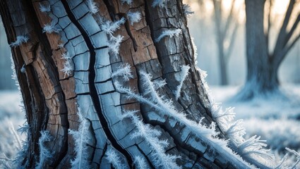 Poster - Frost-covered tree trunk with intricate patterns and textures in a winter landscape with soft natural lighting and blurred background