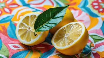 Poster - Fresh cut lemons with a green leaf on colorful floral background with ample Copy Space for text placement.