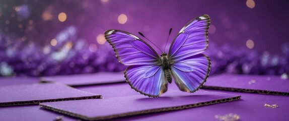 Poster - Purple butterfly resting on textured cardboards with bokeh background and vibrant purple tones, ideal for nature-themed compositions. Copy Space
