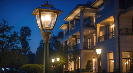 Poster - Street lamp illuminating a residential building during nighttime with trees in foreground and warm light ambiance Copy Space