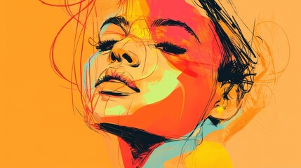Poster - a modern digital portrait of a person in a minimalistic style, using bold lines, bright colors, and 