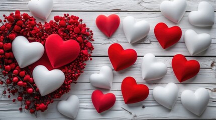 Poster - Colorful assortment of red and white hearts with decorative embellishments on white wooden background, Copy Space